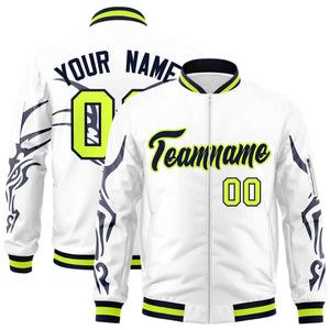 Custom White Navy Varsity Full-Zip Dragon Head Graffiti Pattern Letterman Bomber Jacket