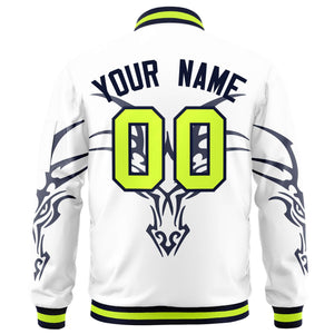 Custom White Navy Varsity Full-Zip Dragon Head Graffiti Pattern Letterman Bomber Jacket