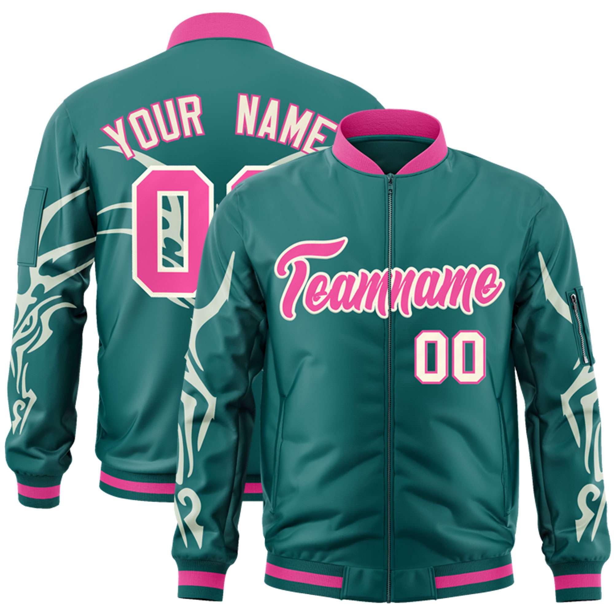 Custom Aqua Cream Varsity Full-Zip Dragon Head Graffiti Pattern Letterman Bomber Jacket