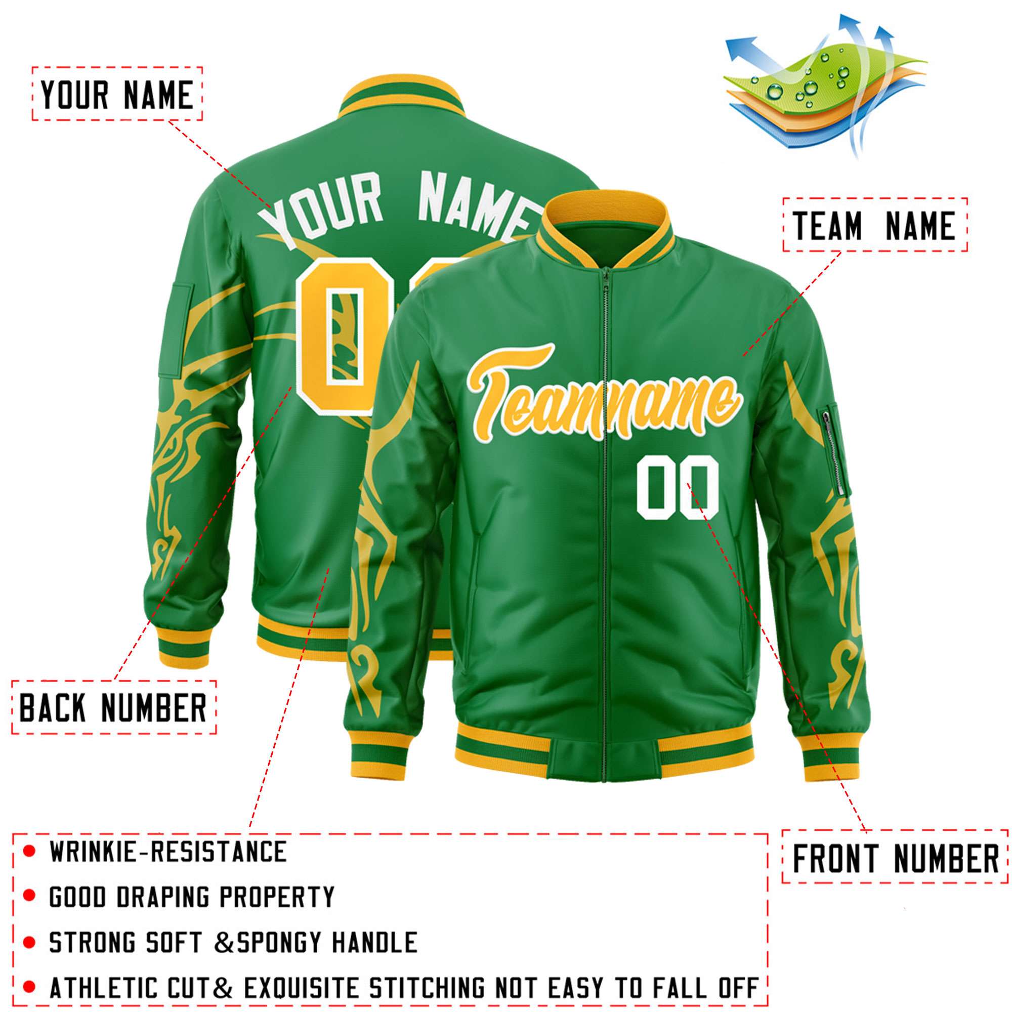 Custom Kelly Green Gold Varsity Full-Zip Dragon Head Graffiti Pattern Letterman Bomber Jacket