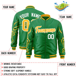 Custom Kelly Green Gold Varsity Full-Zip Dragon Head Graffiti Pattern Letterman Bomber Jacket