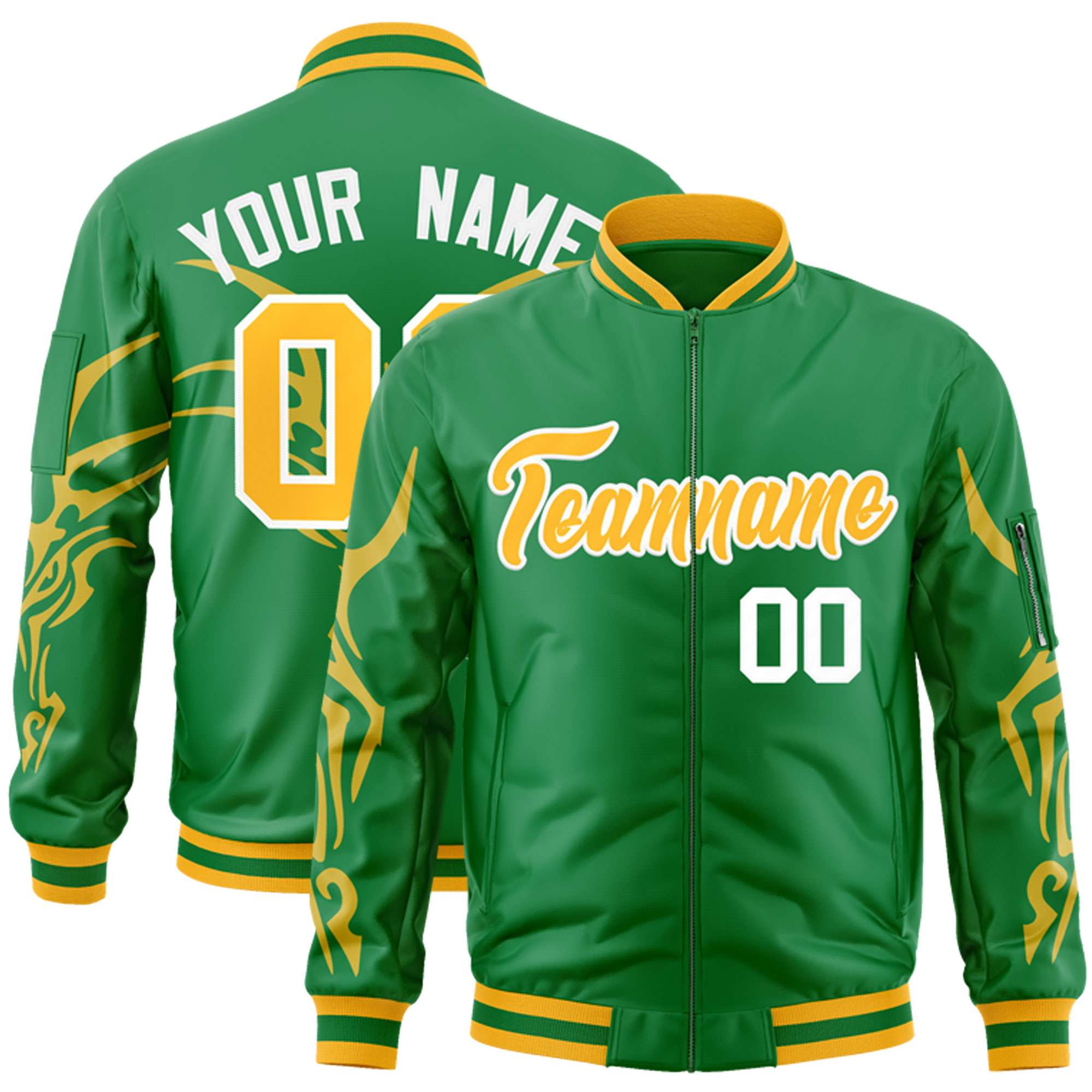 Custom Kelly Green Gold Varsity Full-Zip Dragon Head Graffiti Pattern Letterman Bomber Jacket