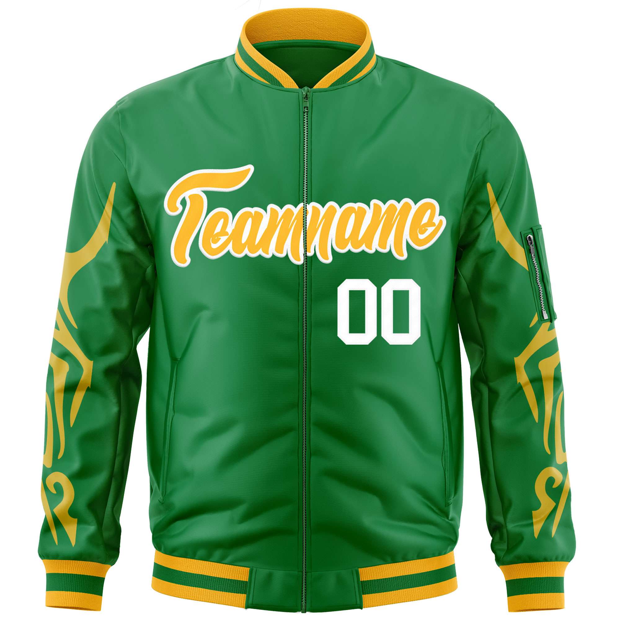 Custom Kelly Green Gold Varsity Full-Zip Dragon Head Graffiti Pattern Letterman Bomber Jacket