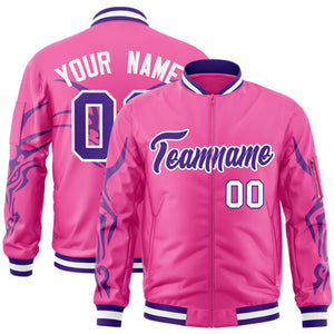 Custom Pink Purple Varsity Full-Zip Dragon Head Graffiti Pattern Letterman Bomber Jacket