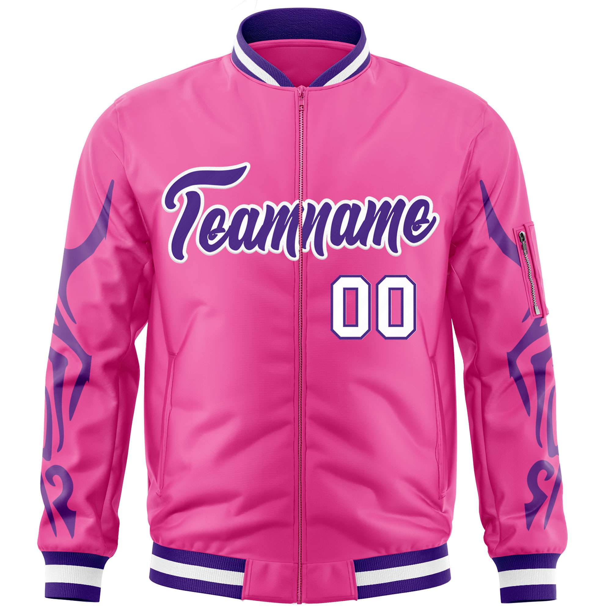 Custom Pink Purple Varsity Full-Zip Dragon Head Graffiti Pattern Letterman Bomber Jacket