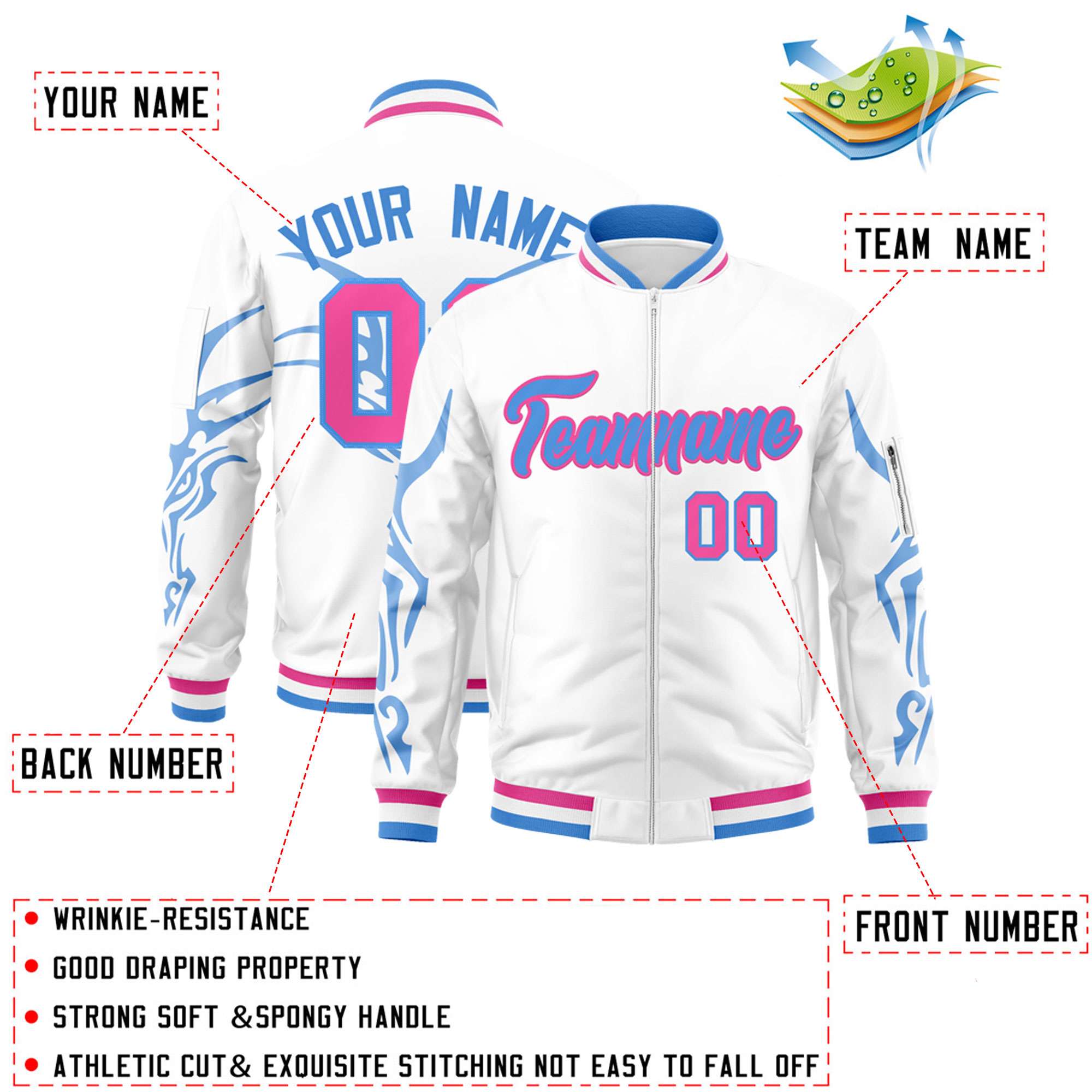 Custom White Powder Blue Varsity Full-Zip Dragon Head Graffiti Pattern Letterman Bomber Jacket