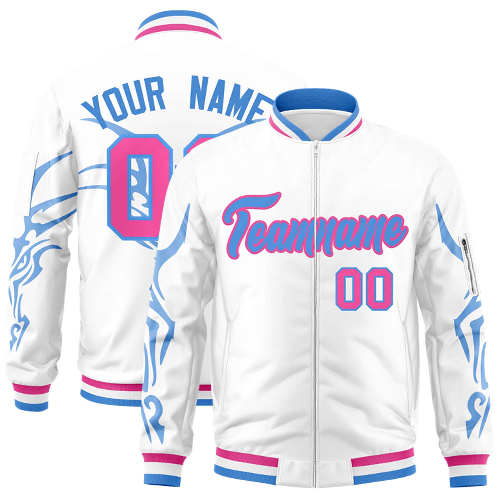 Custom White Powder Blue Varsity Full-Zip Dragon Head Graffiti Pattern Letterman Bomber Jacket