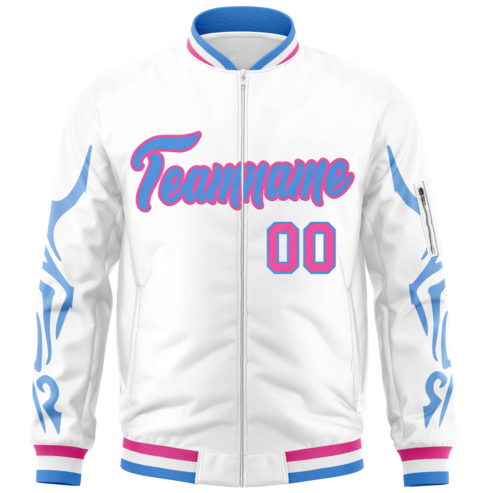 Custom White Powder Blue Varsity Full-Zip Dragon Head Graffiti Pattern Letterman Bomber Jacket