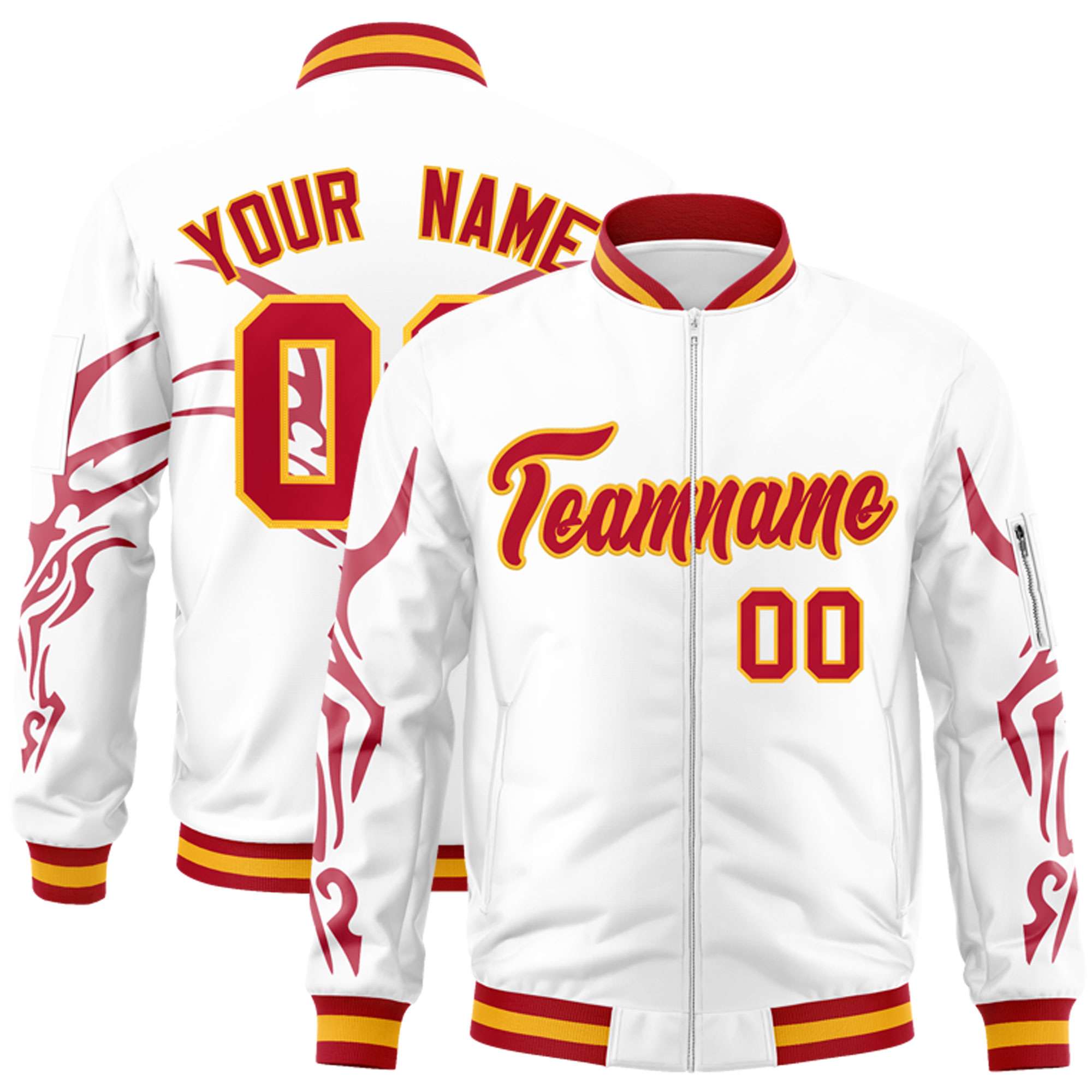 Custom White Red Varsity Full-Zip Dragon Head Graffiti Pattern Letterman Bomber Jacket