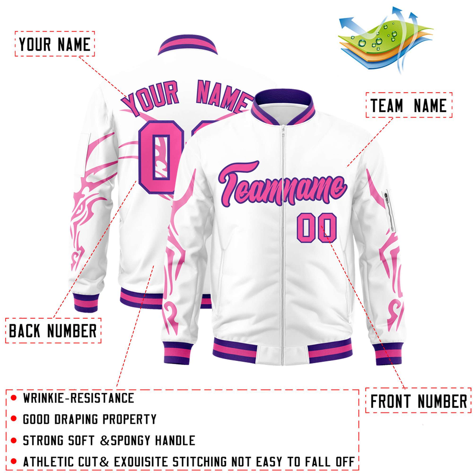 Custom White Pink Varsity Full-Zip Dragon Head Graffiti Pattern Letterman Bomber Jacket