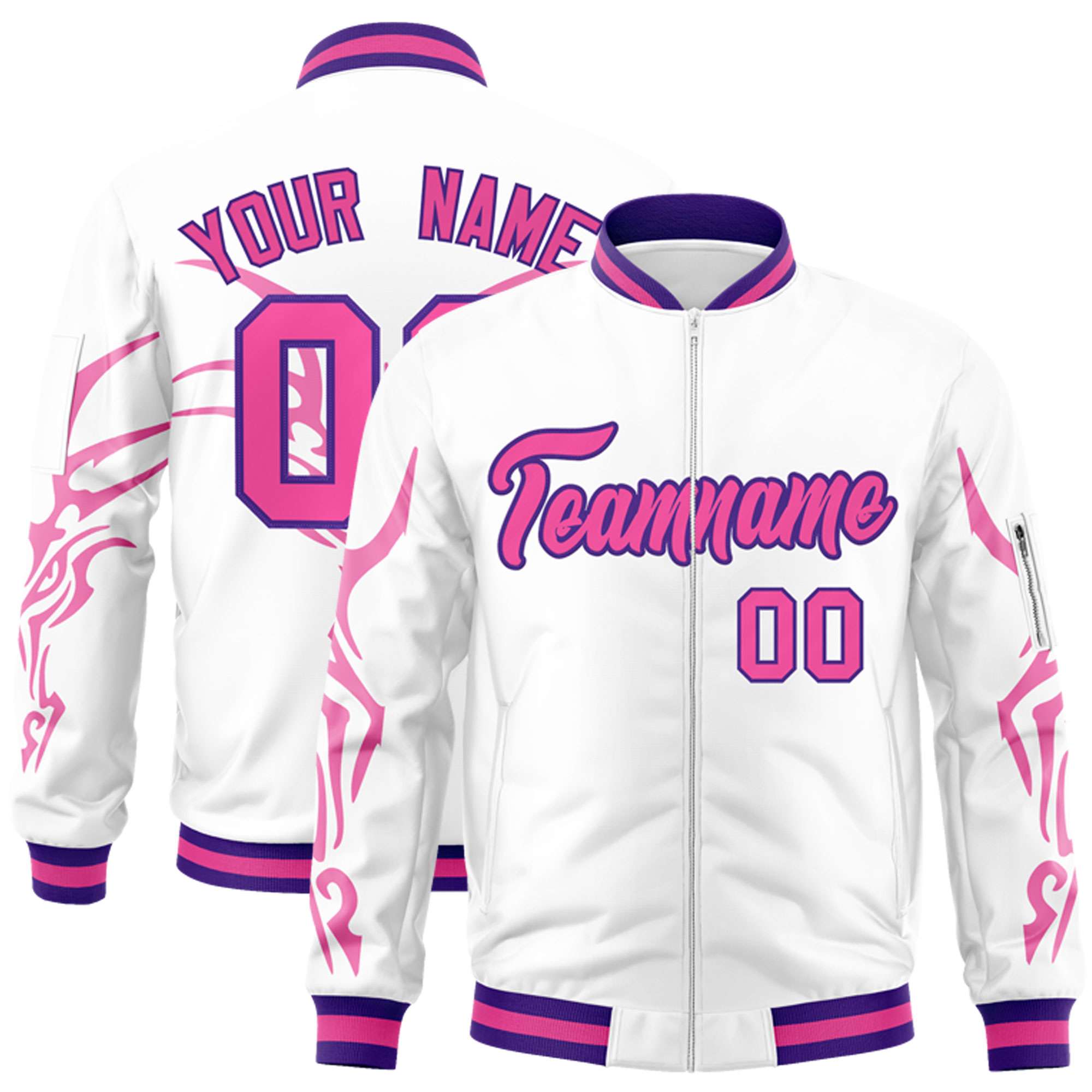 Custom White Pink Varsity Full-Zip Dragon Head Graffiti Pattern Letterman Bomber Jacket