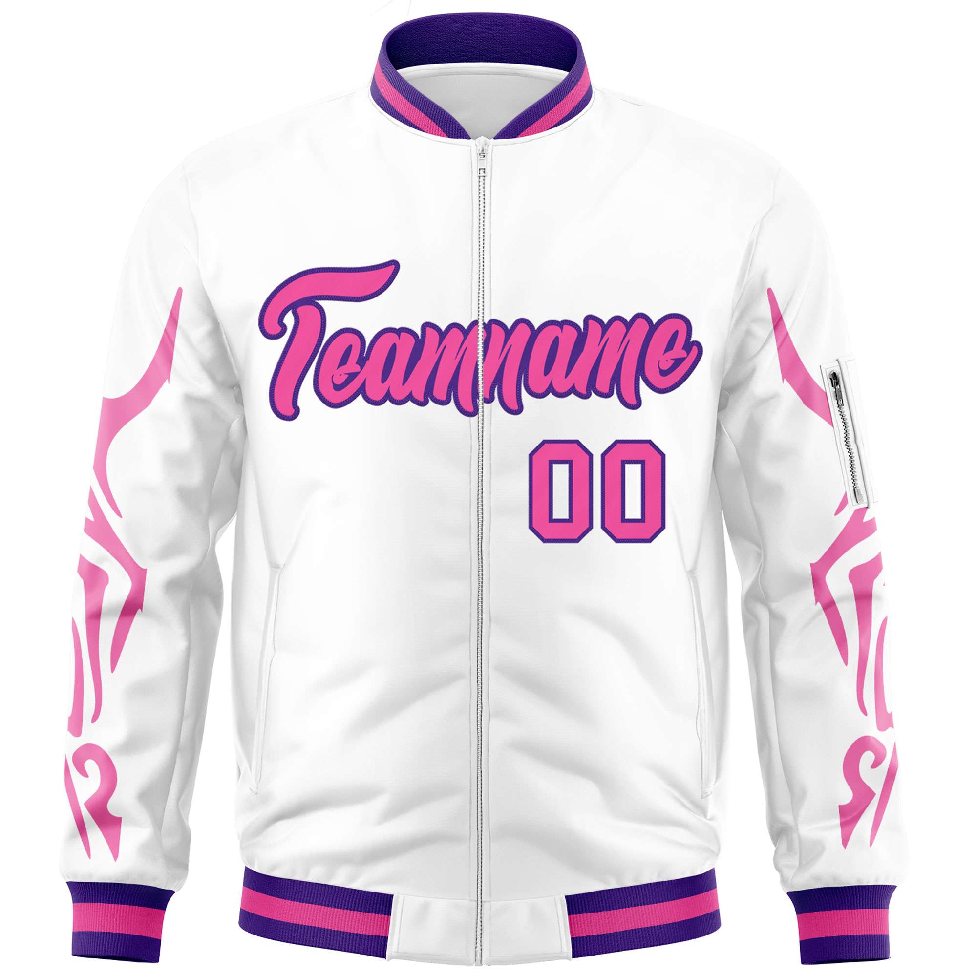 Custom White Pink Varsity Full-Zip Dragon Head Graffiti Pattern Letterman Bomber Jacket