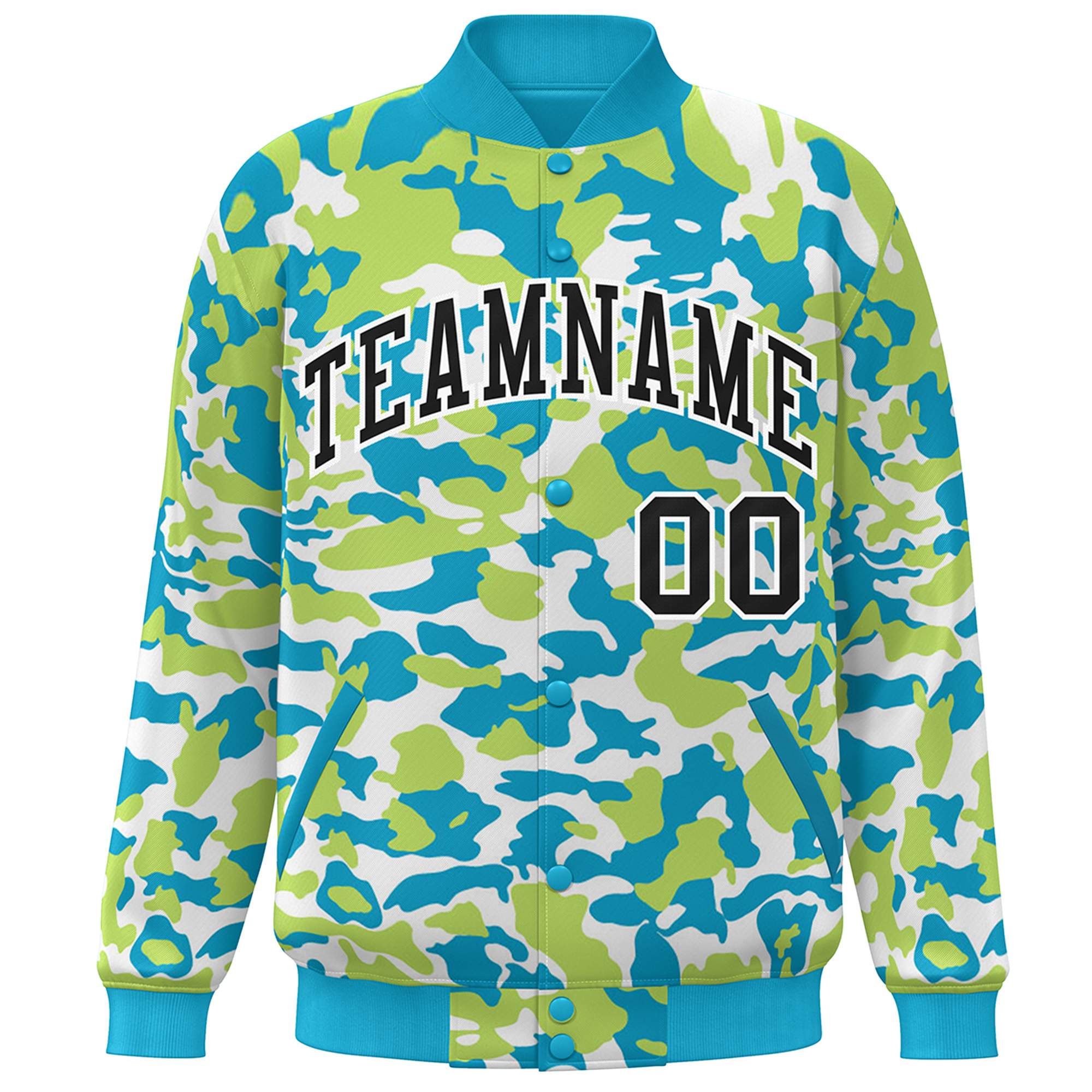 Blouson aviateur Letterman personnalisé Aqua noir-blanc camouflage Varsity Full-Snap