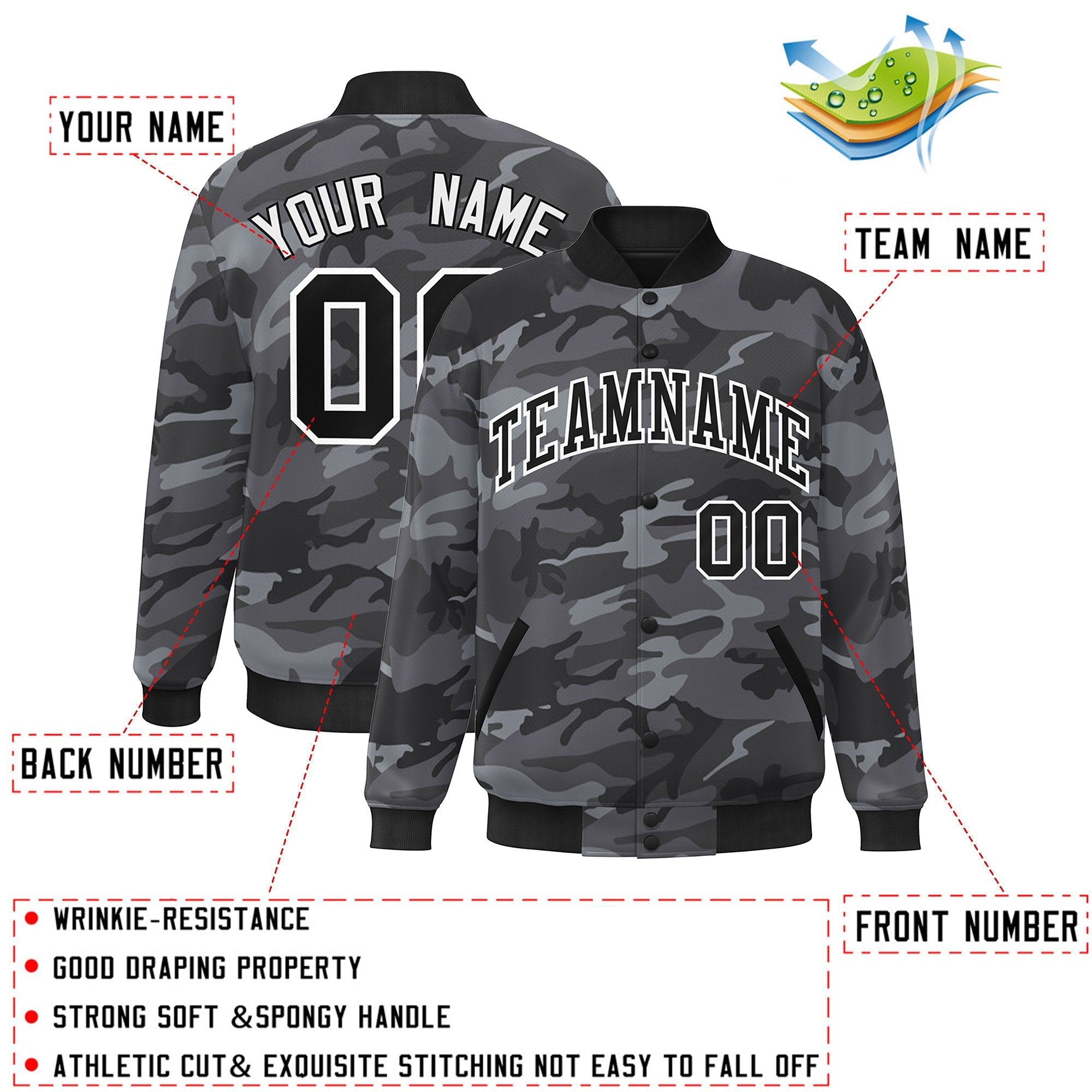 Blouson aviateur Letterman personnalisé noir et blanc camouflage Varsity Full-Snap