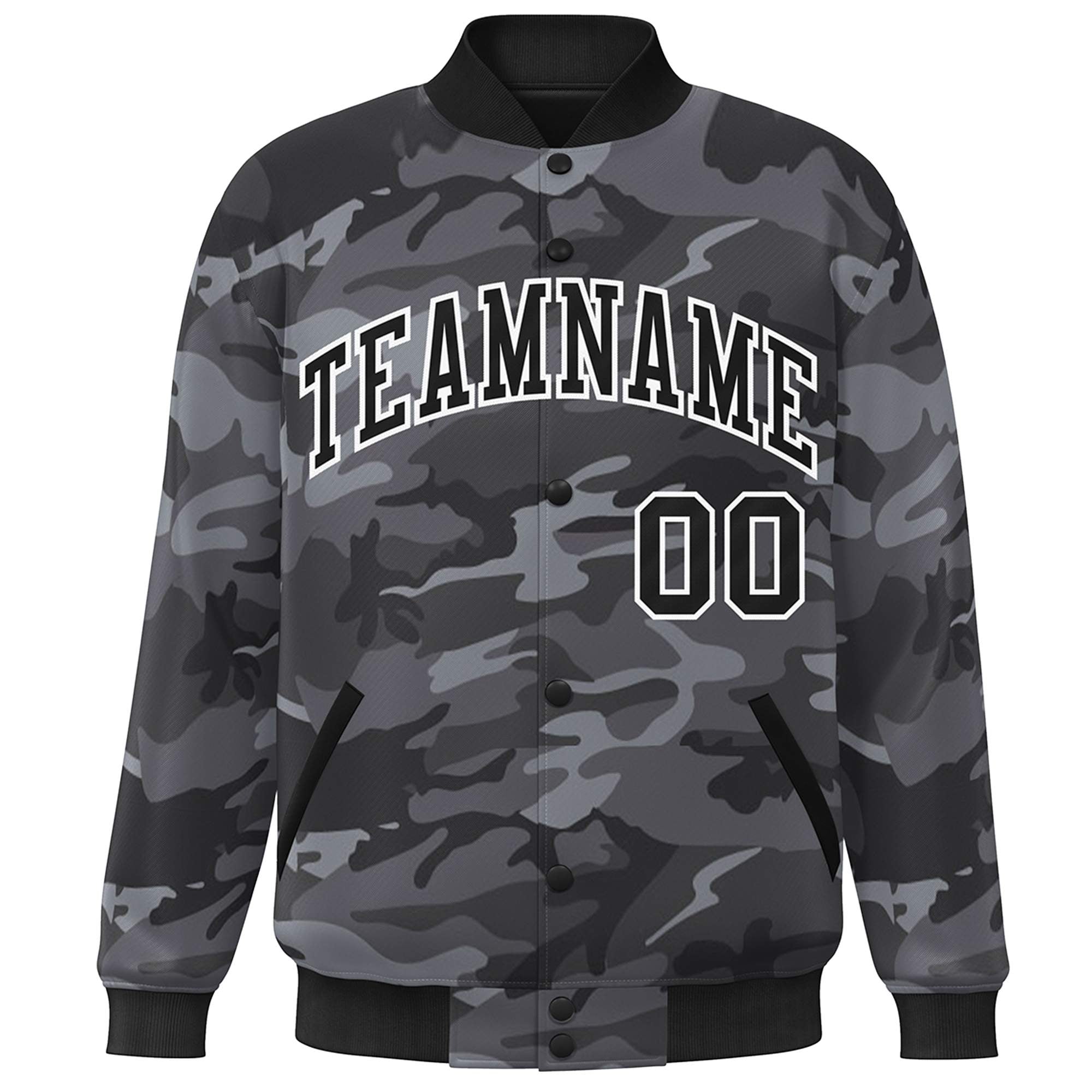 Custom Black White Camo Varsity Full-Snap Letterman Bomber Jacket