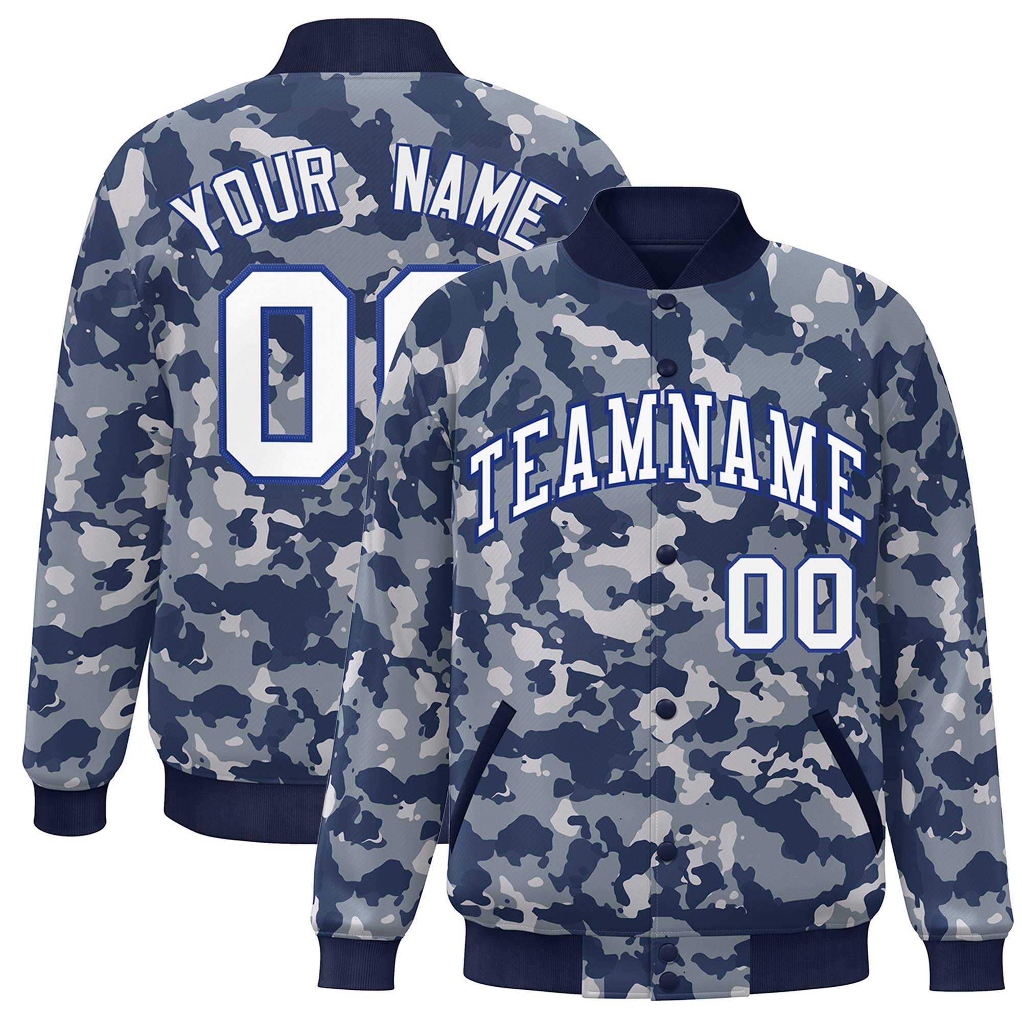 Blouson aviateur Letterman personnalisé bleu marine-Royal Camo Varsity Full-Snap