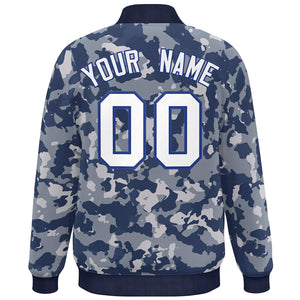 Custom Navy White-Royal Camo Varsity Full-Snap Letterman Bomber Jacket