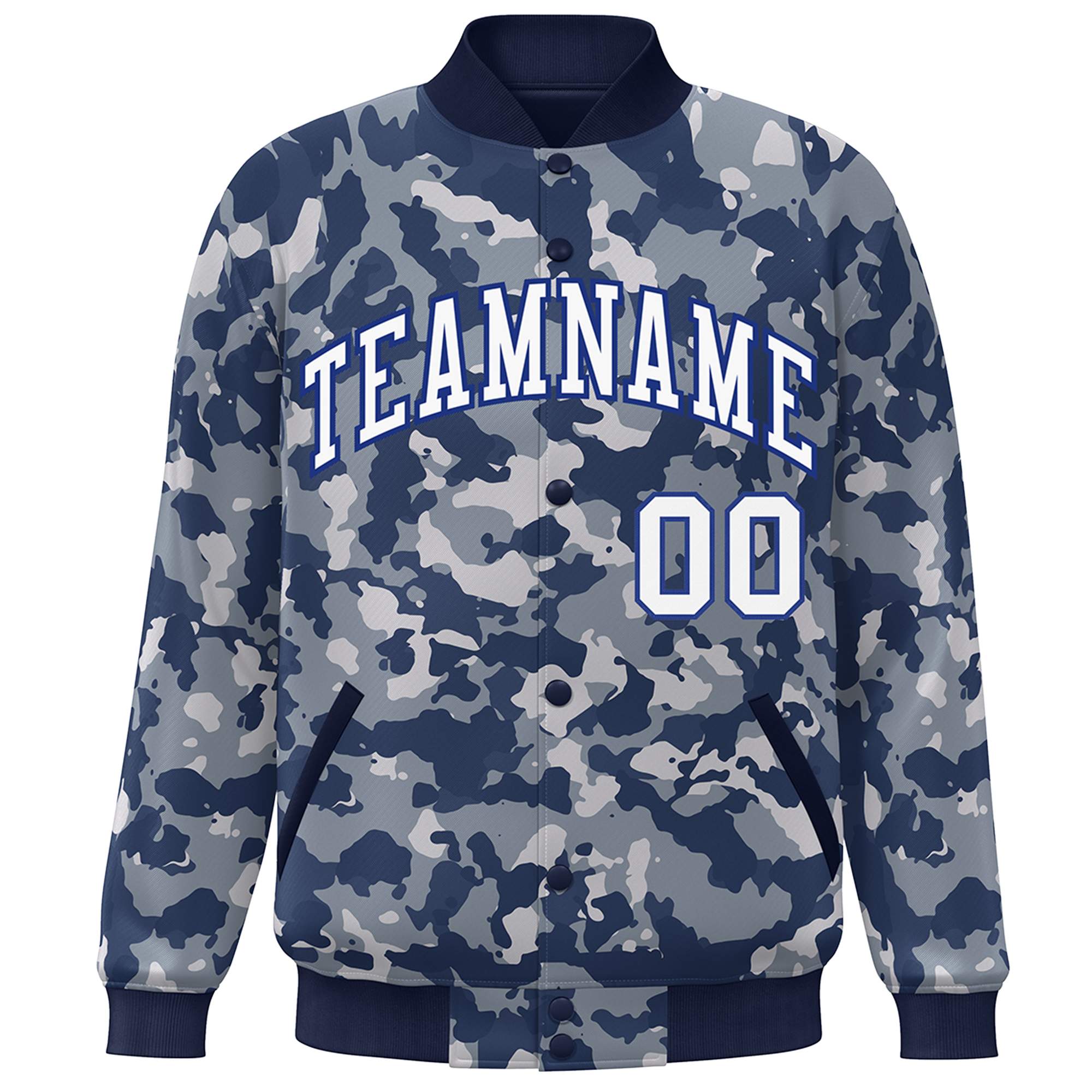 Blouson aviateur Letterman personnalisé bleu marine-Royal Camo Varsity Full-Snap