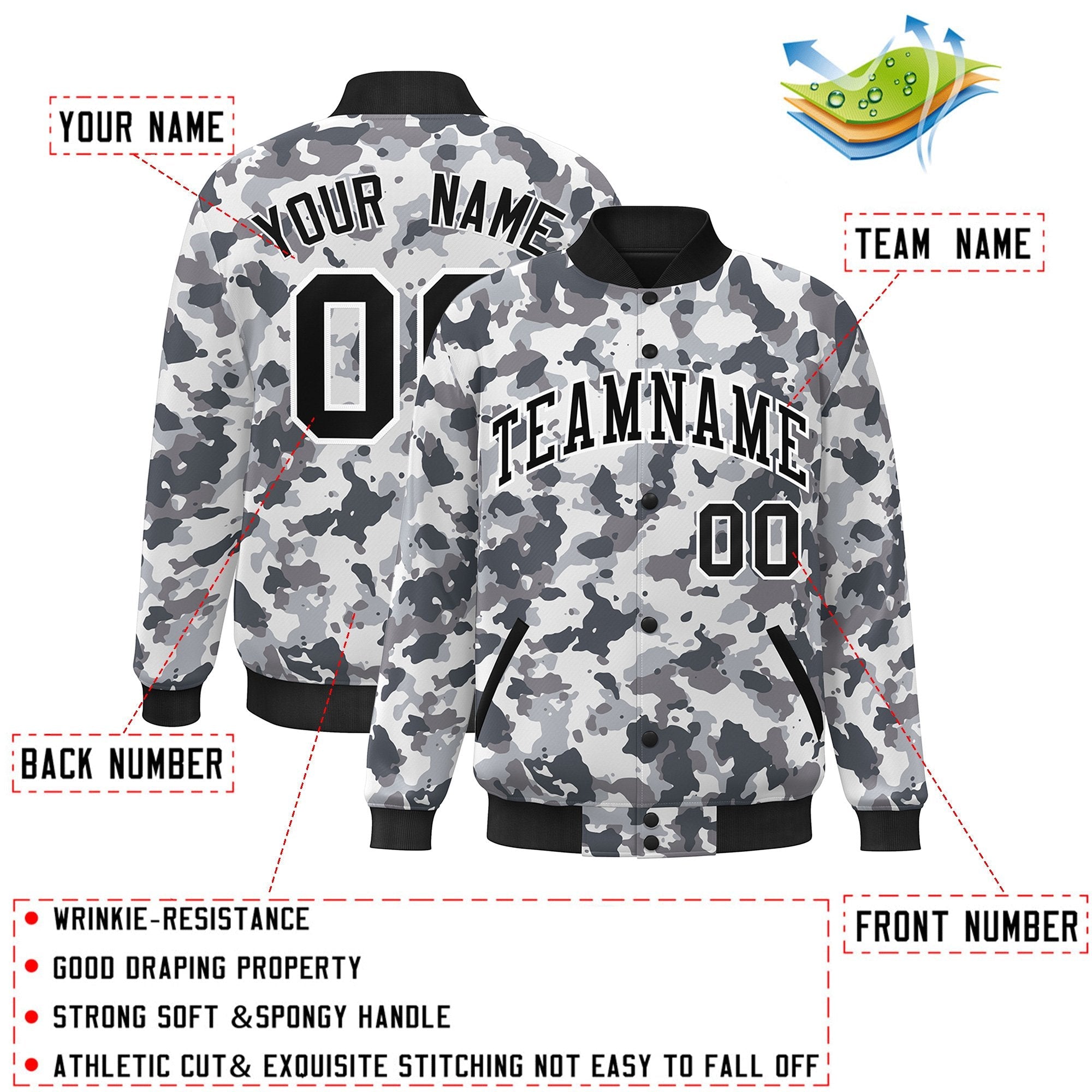 Blouson aviateur Letterman personnalisé noir et blanc camouflage Varsity Full-Snap