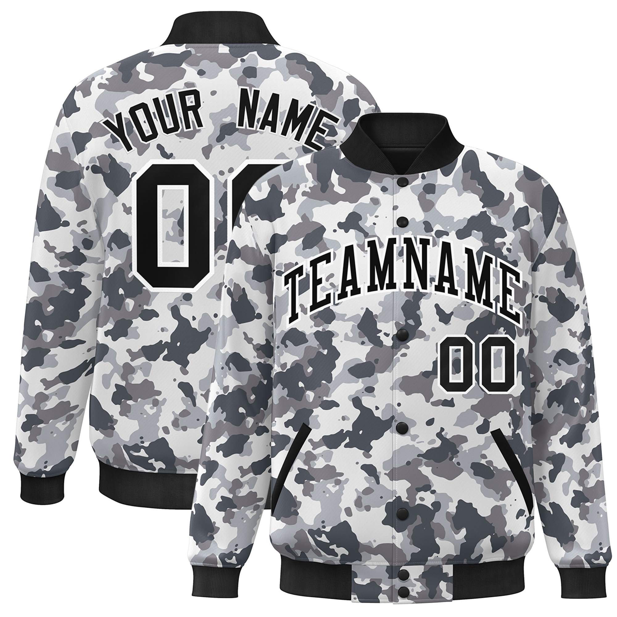 Custom Black White Camo Varsity Full-Snap Letterman Bomber Jacket