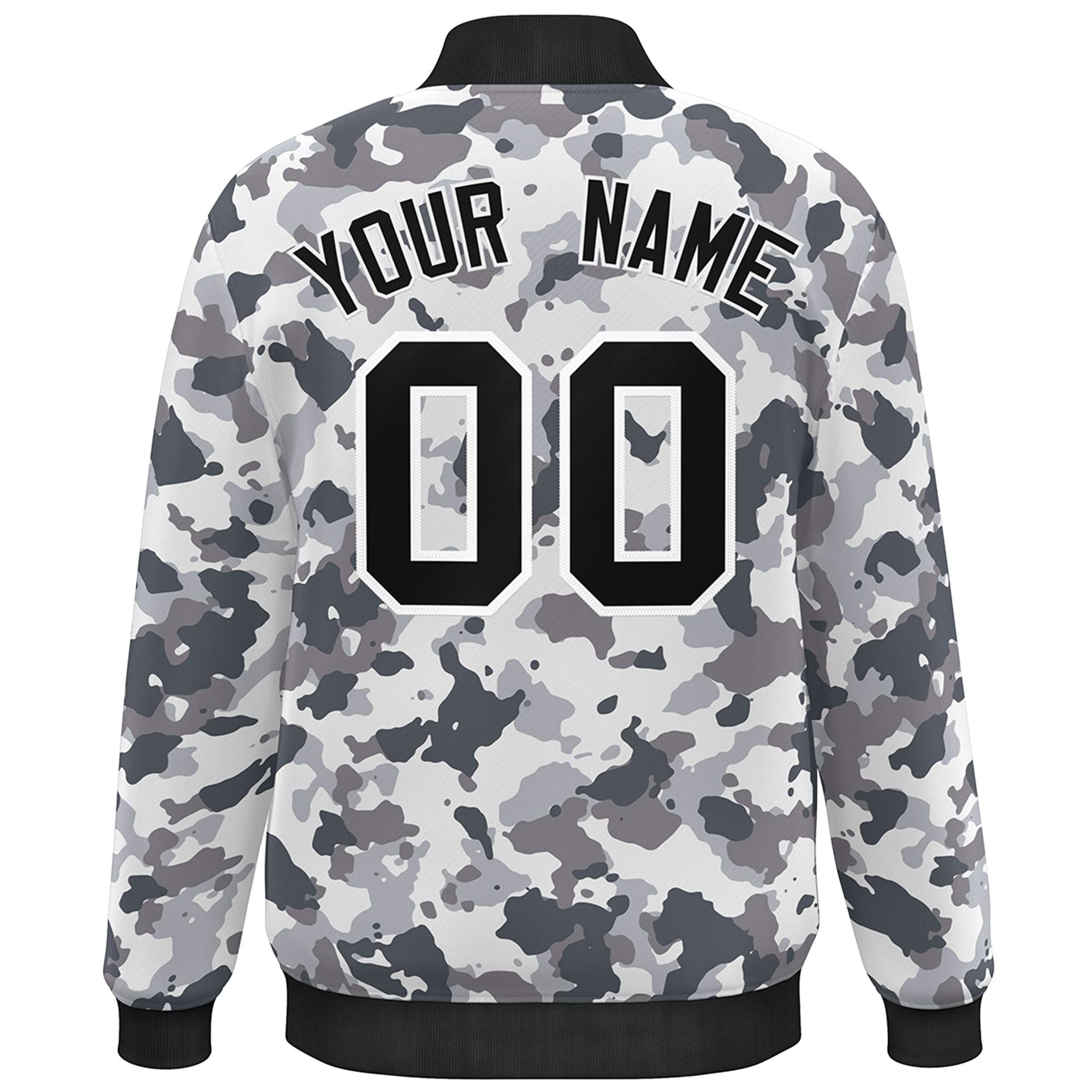 Blouson aviateur Letterman personnalisé noir et blanc camouflage Varsity Full-Snap