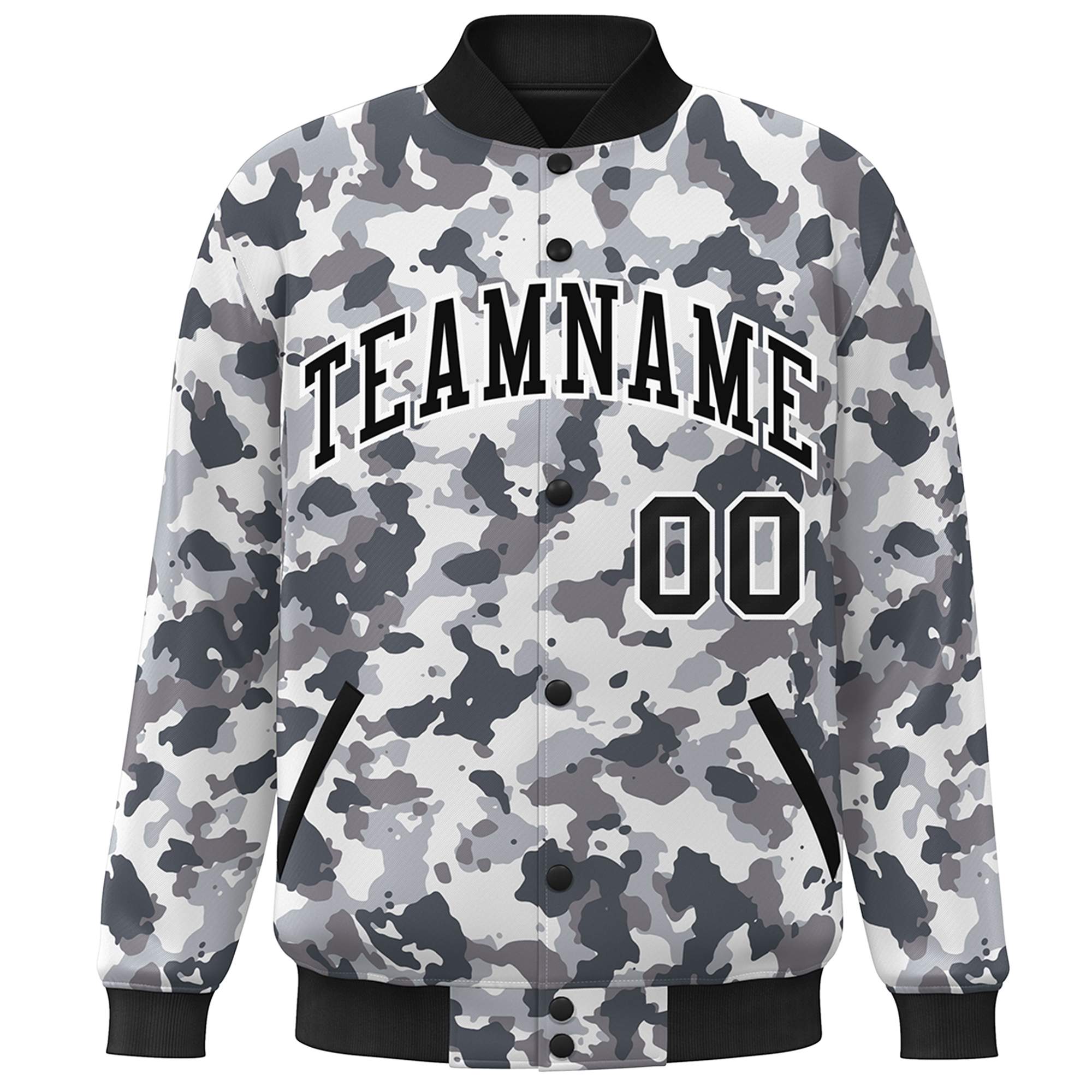 Blouson aviateur Letterman personnalisé noir et blanc camouflage Varsity Full-Snap