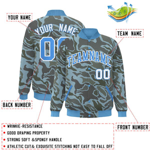 Custom Powder Blue White Camo Varsity Full-Snap Letterman Bomber Jacket