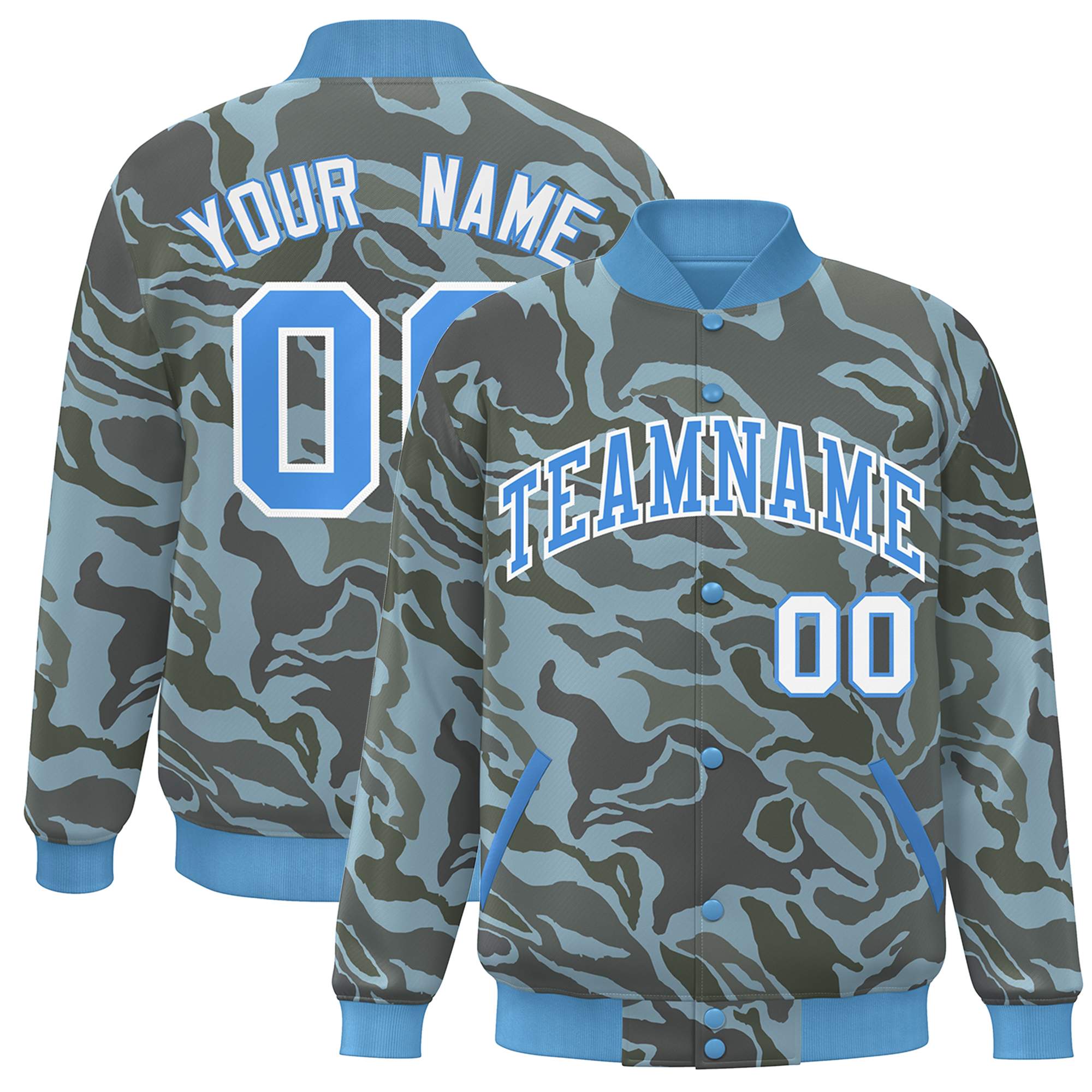 Blouson aviateur Letterman personnalisé bleu poudre blanc camouflage Varsity Full-Snap