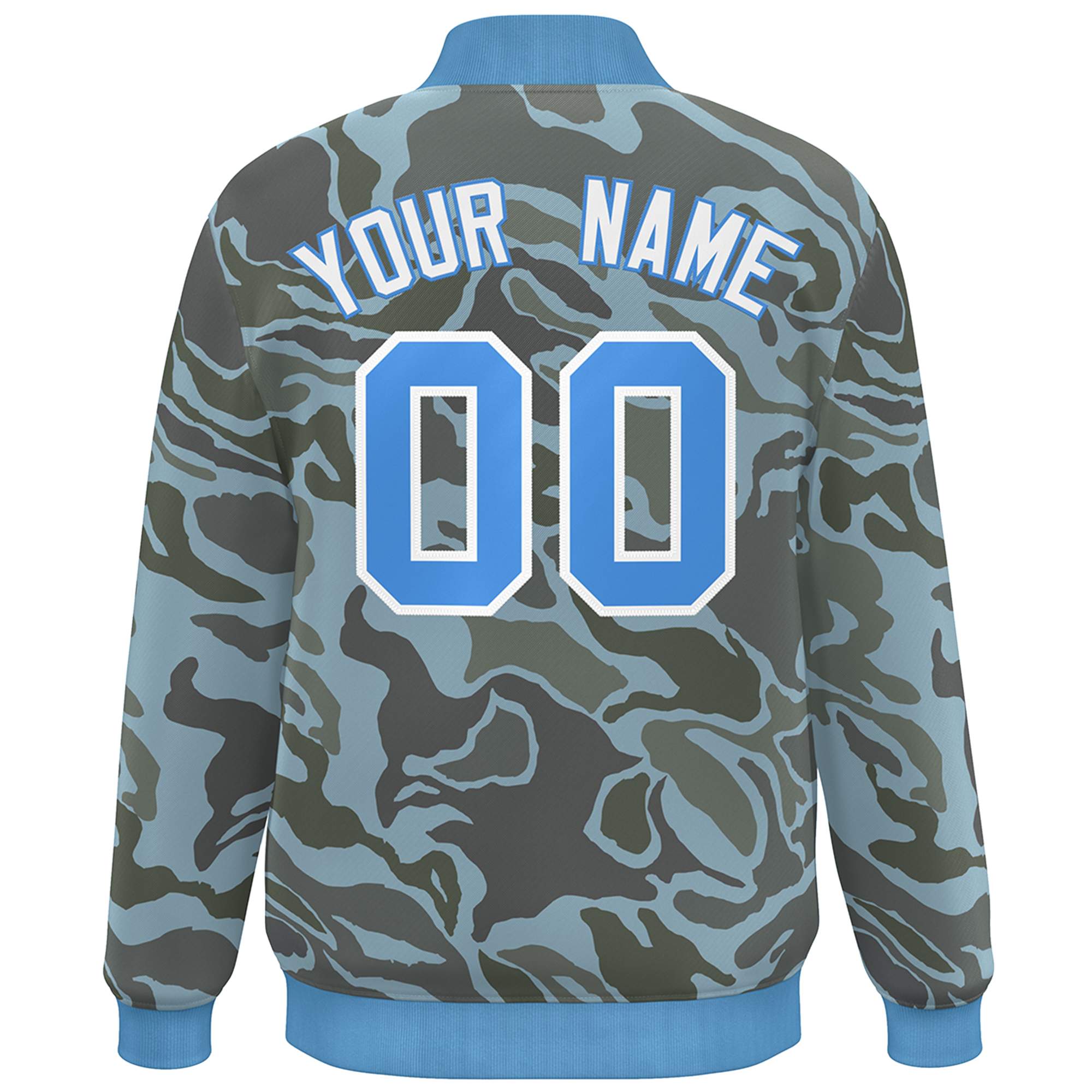 Blouson aviateur Letterman personnalisé bleu poudre blanc camouflage Varsity Full-Snap