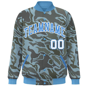 Custom Powder Blue White Camo Varsity Full-Snap Letterman Bomber Jacket