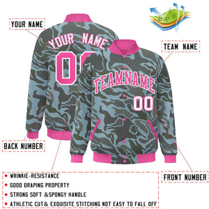 Custom Pink White Camo Varsity Full-Snap Letterman Bomber Jacket