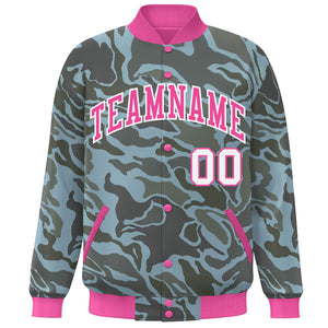 Custom Pink White Camo Varsity Full-Snap Letterman Bomber Jacket