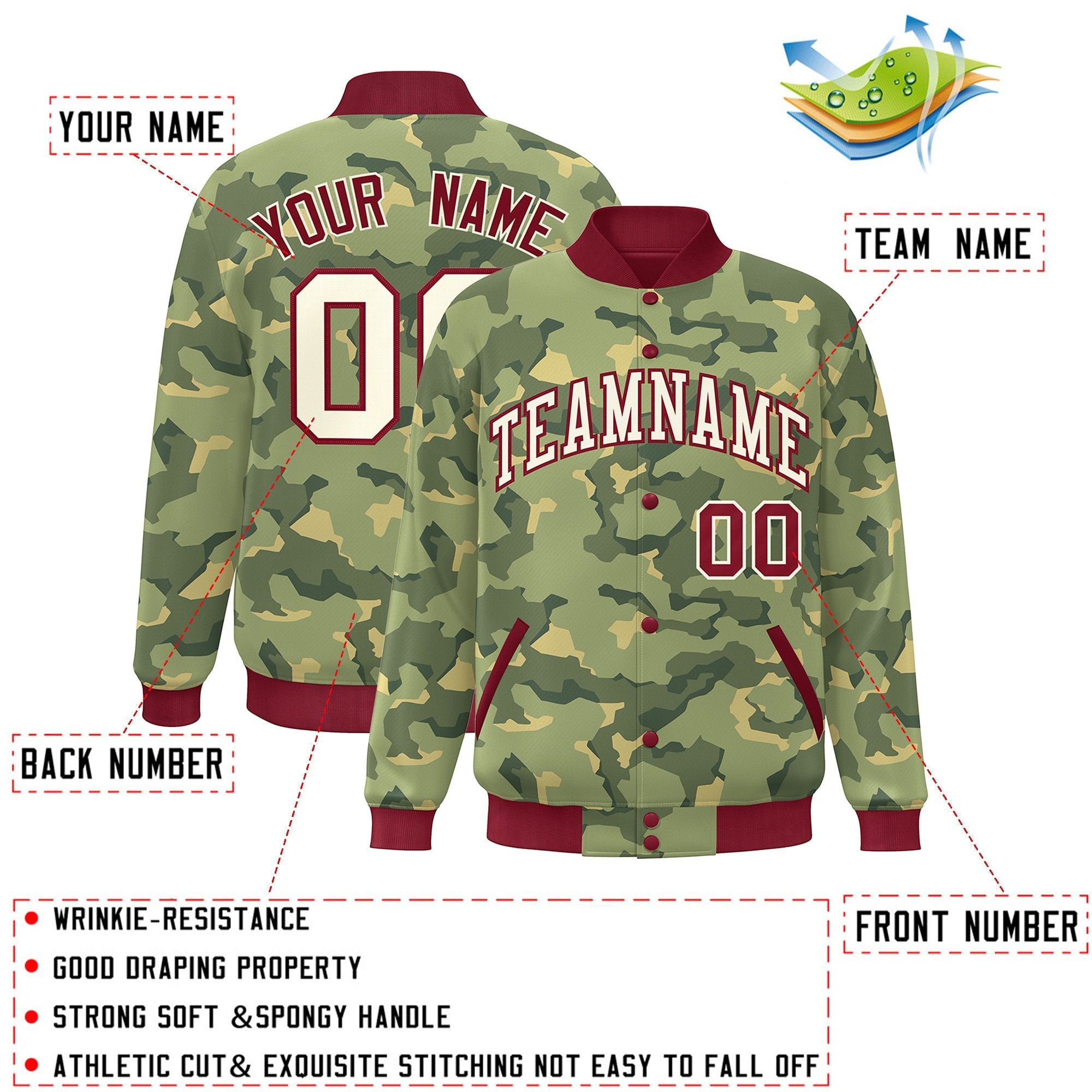 Custom Crimson White Camo Varsity Full-Snap Letterman Bomber Jacket