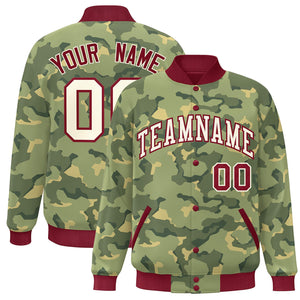 Custom Crimson White Camo Varsity Full-Snap Letterman Bomber Jacket