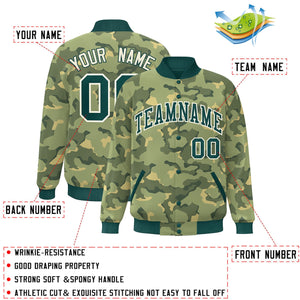 Custom Green White Camo Varsity Full-Snap Letterman Bomber Jacket