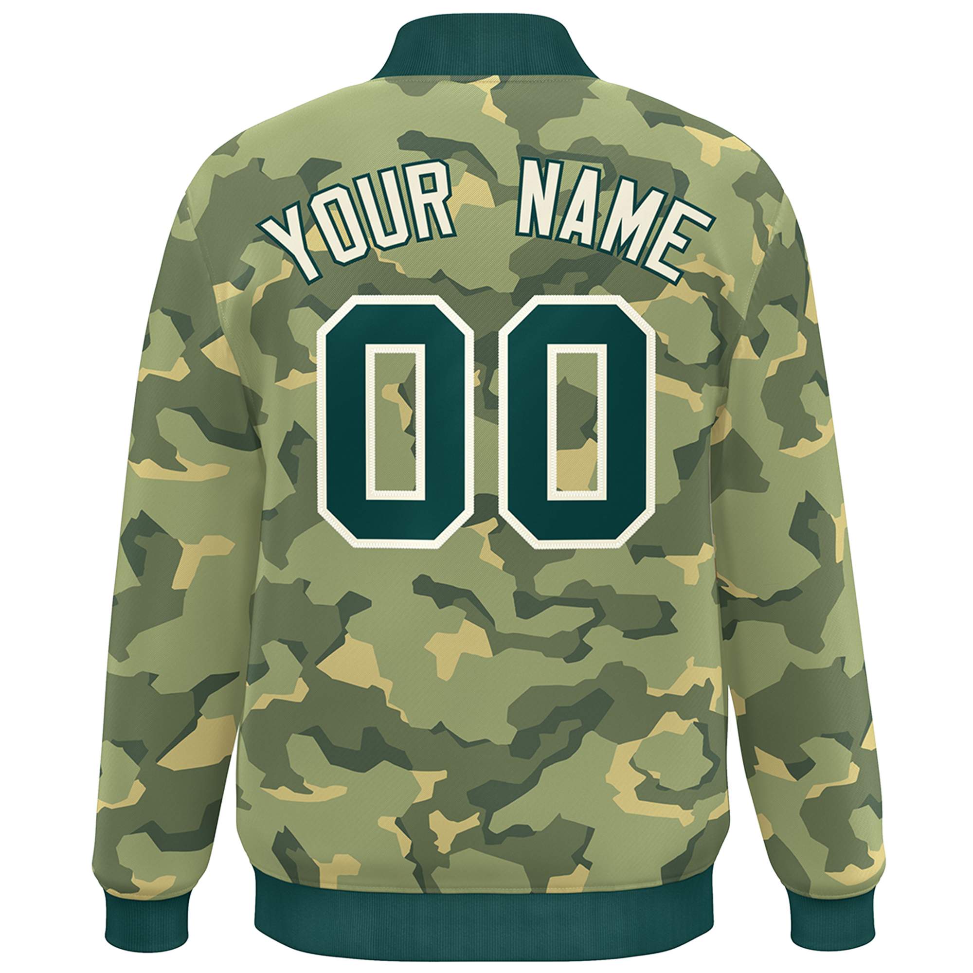 Blouson aviateur Letterman personnalisé vert et blanc camouflage Varsity Full-Snap