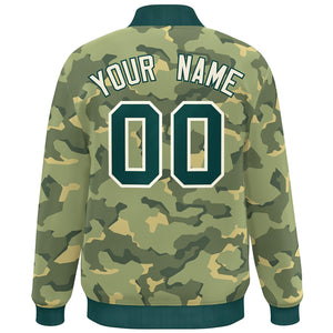 Custom Green White Camo Varsity Full-Snap Letterman Bomber Jacket