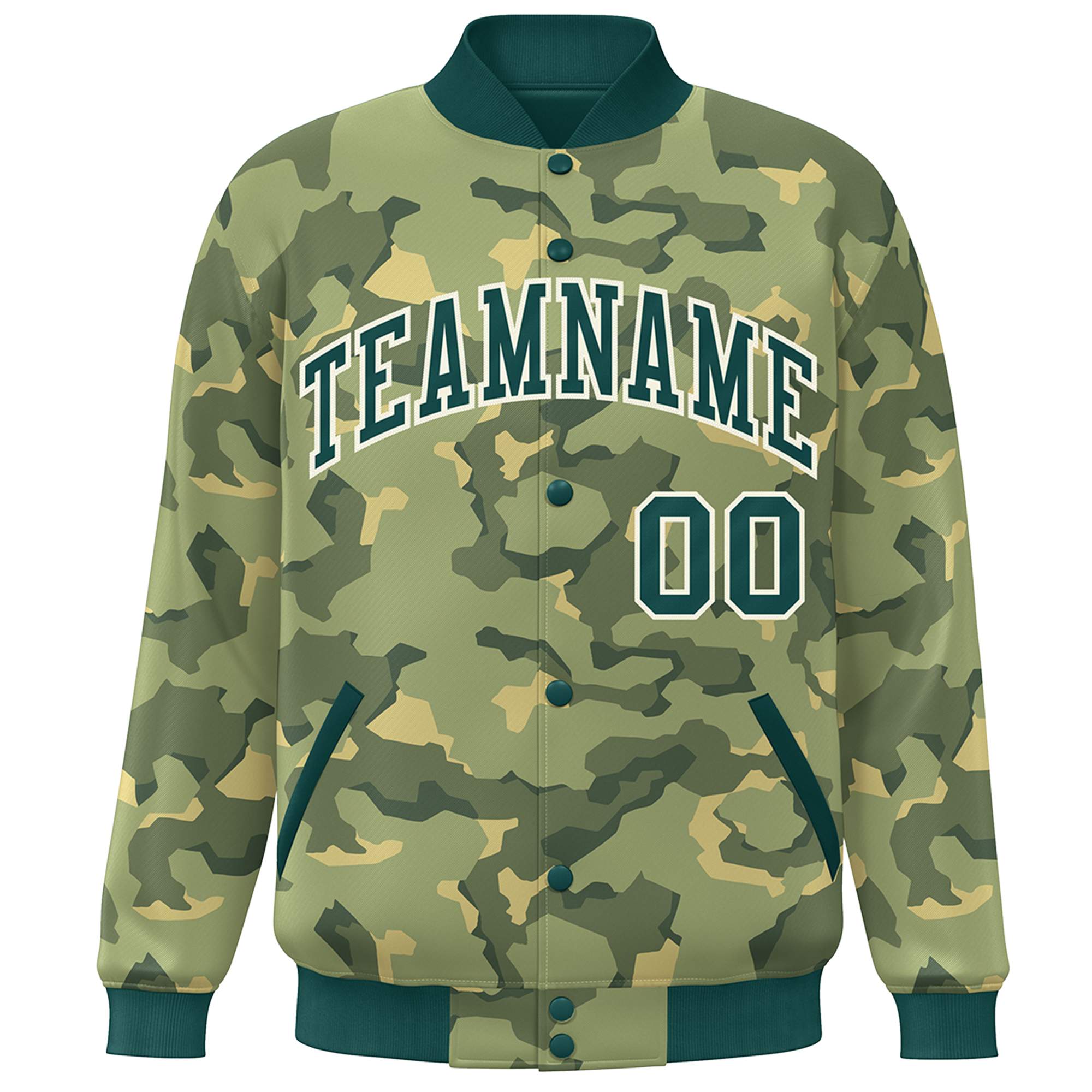 Blouson aviateur Letterman personnalisé vert et blanc camouflage Varsity Full-Snap