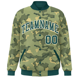 Custom Green White Camo Varsity Full-Snap Letterman Bomber Jacket