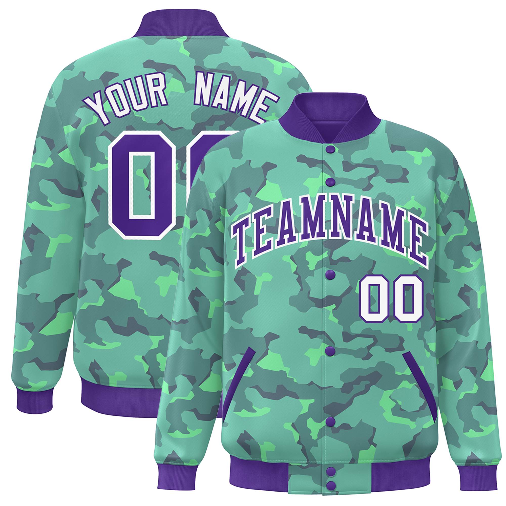 Blouson aviateur Letterman personnalisé violet blanc camouflage Varsity Full-Snap