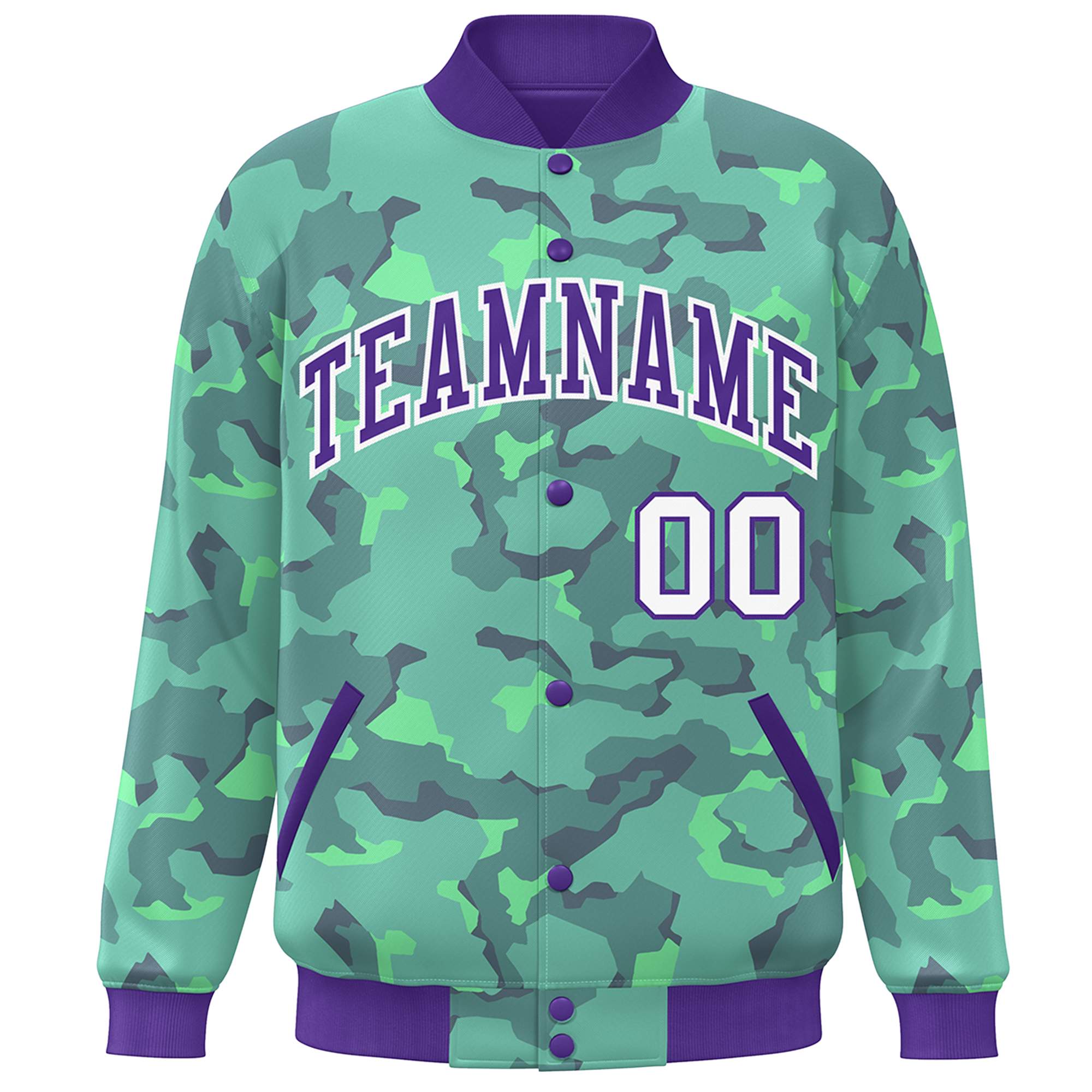 Blouson aviateur Letterman personnalisé violet blanc camouflage Varsity Full-Snap