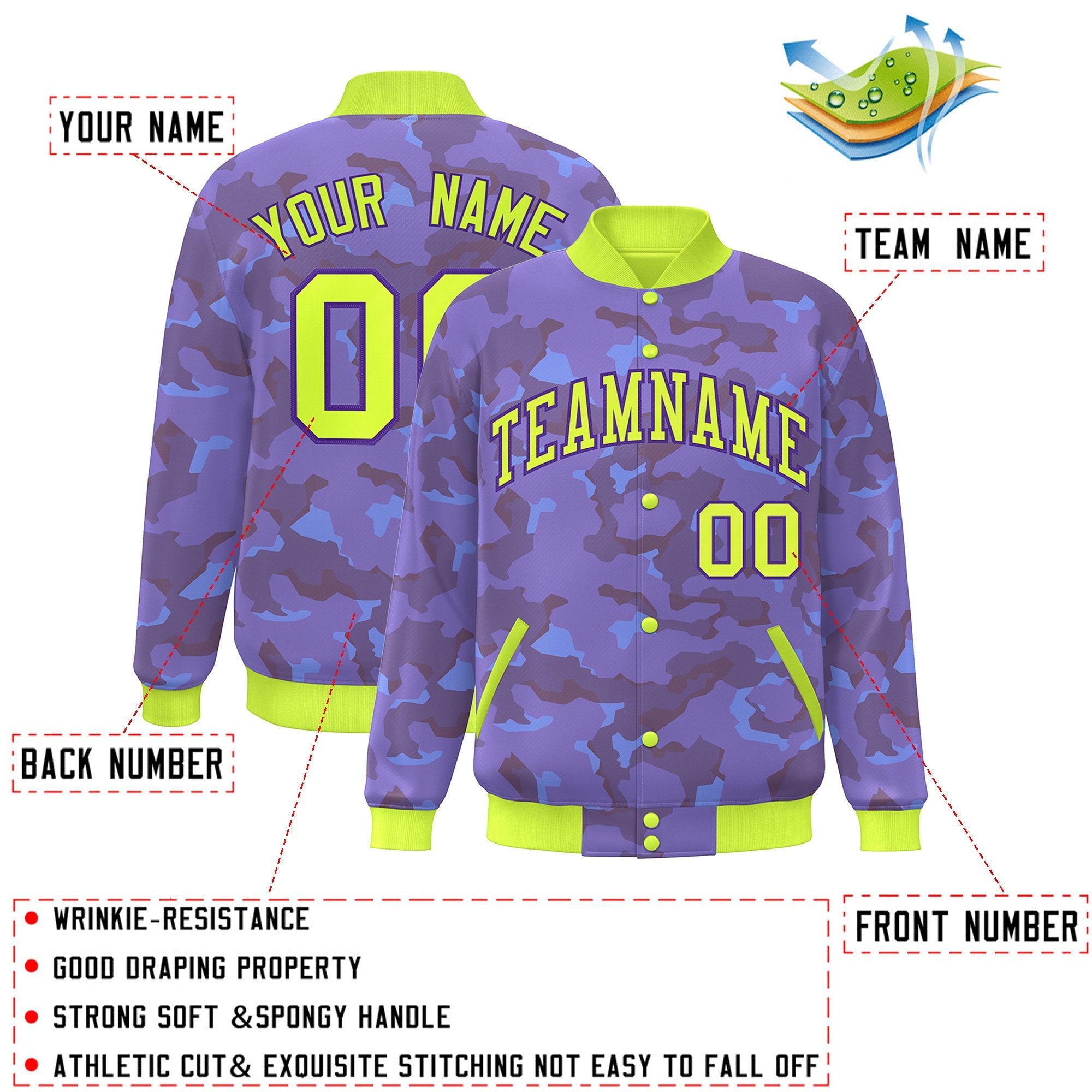 Blouson aviateur Letterman personnalisé vert néon violet camouflage Varsity Full-Snap