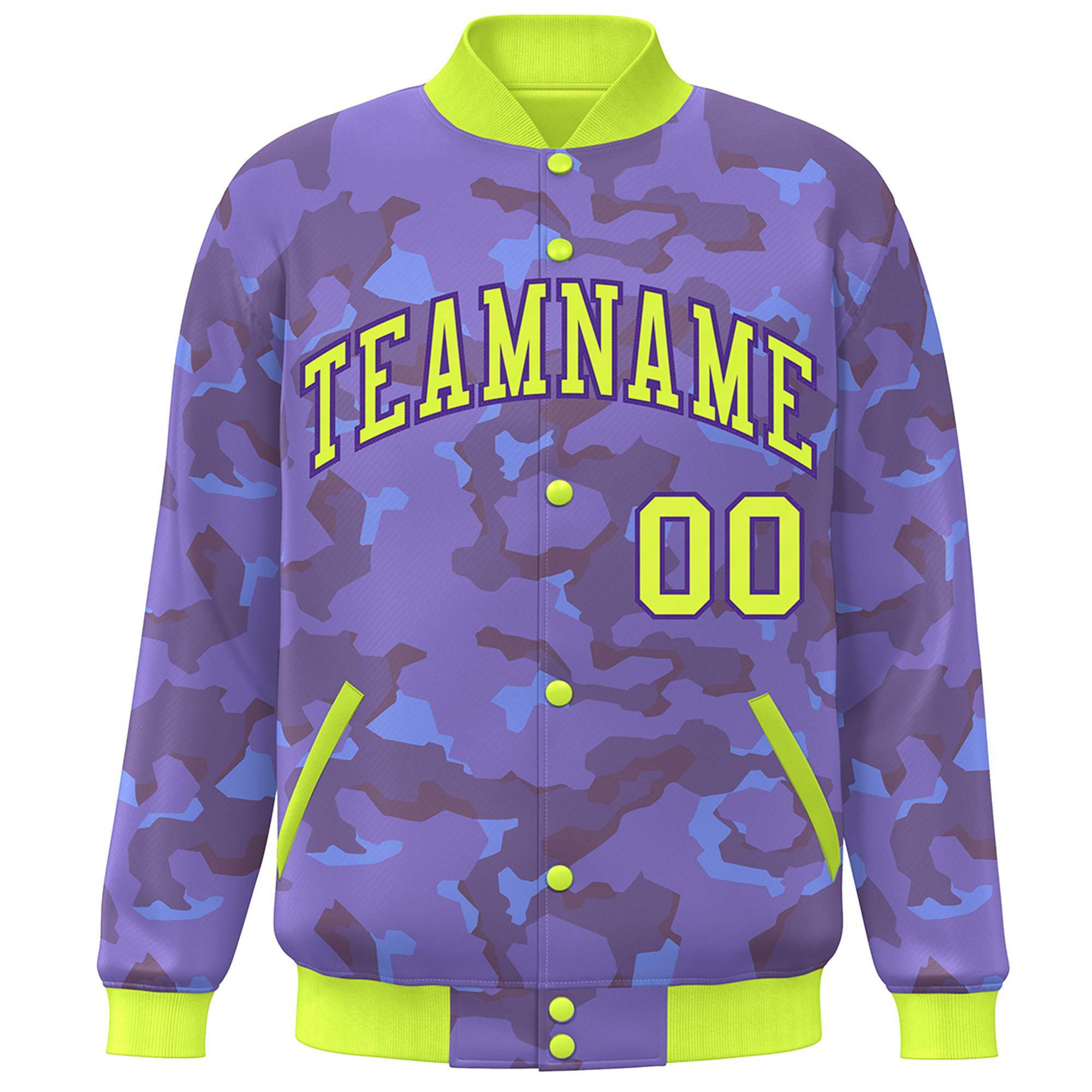 Blouson aviateur Letterman personnalisé vert néon violet camouflage Varsity Full-Snap