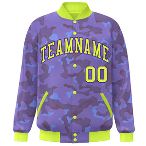 Custom Neon Green Purple Camo Varsity Full-Snap Letterman Bomber Jacket