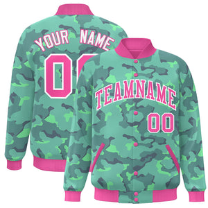 Custom Pink White Camo Varsity Full-Snap Letterman Bomber Jacket