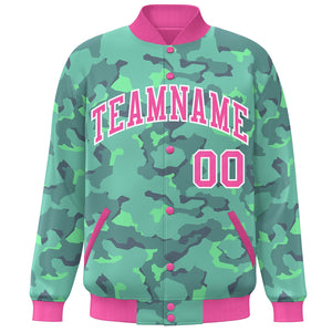 Custom Pink White Camo Varsity Full-Snap Letterman Bomber Jacket