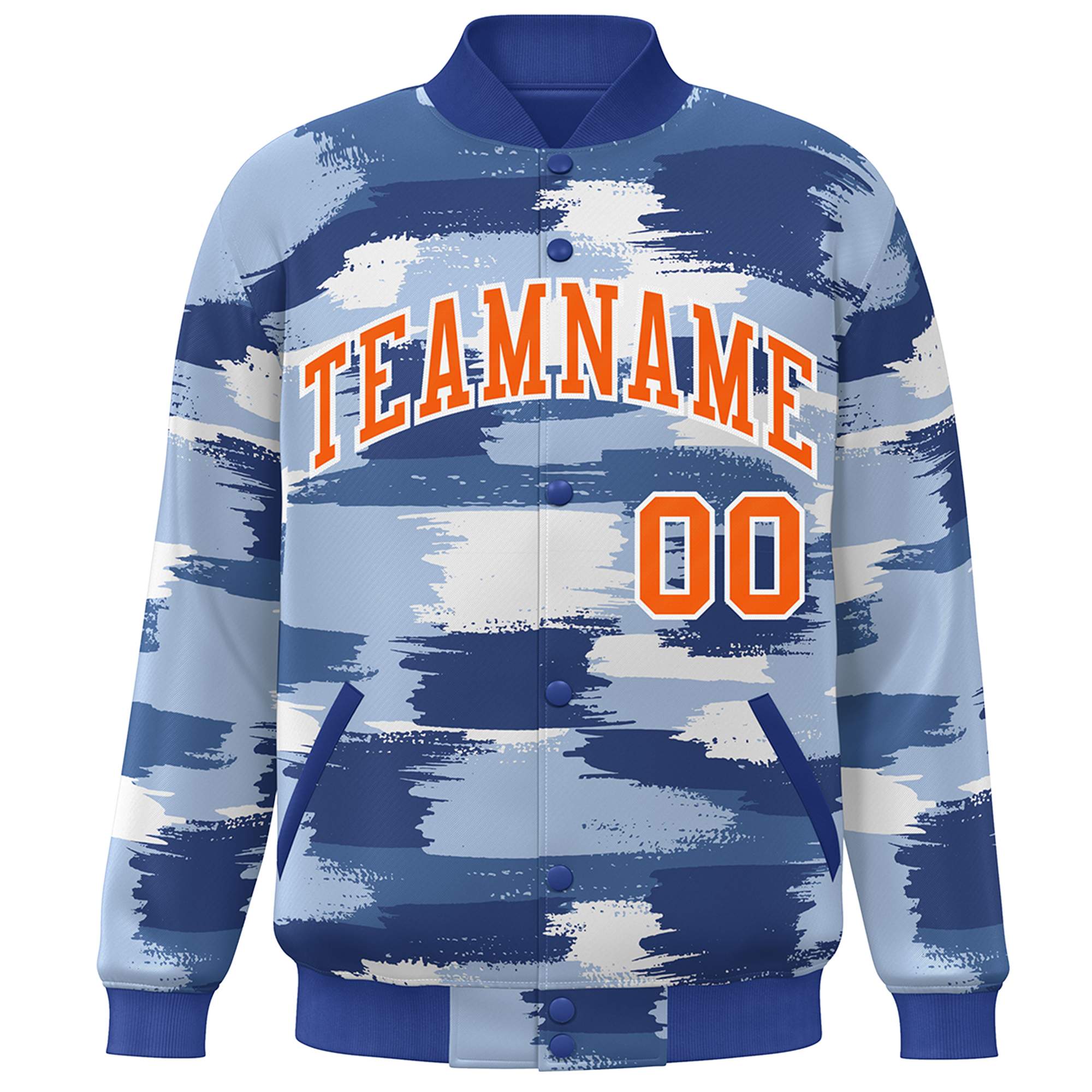 Custom Royal Orange-White Camo Varsity Full-Snap Letterman Bomber Jacket