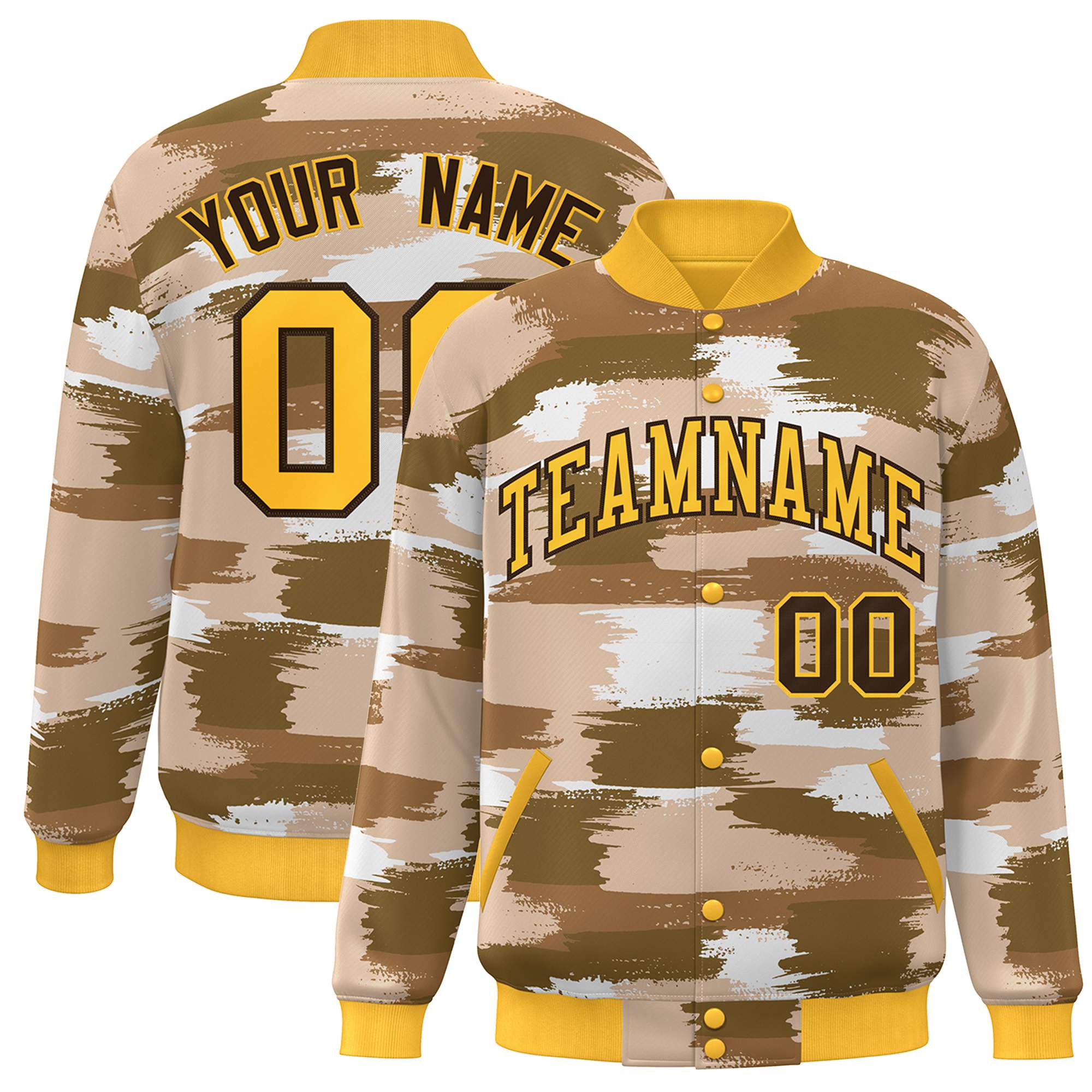 Blouson aviateur Letterman personnalisé jaune marron camouflage Varsity Full-Snap