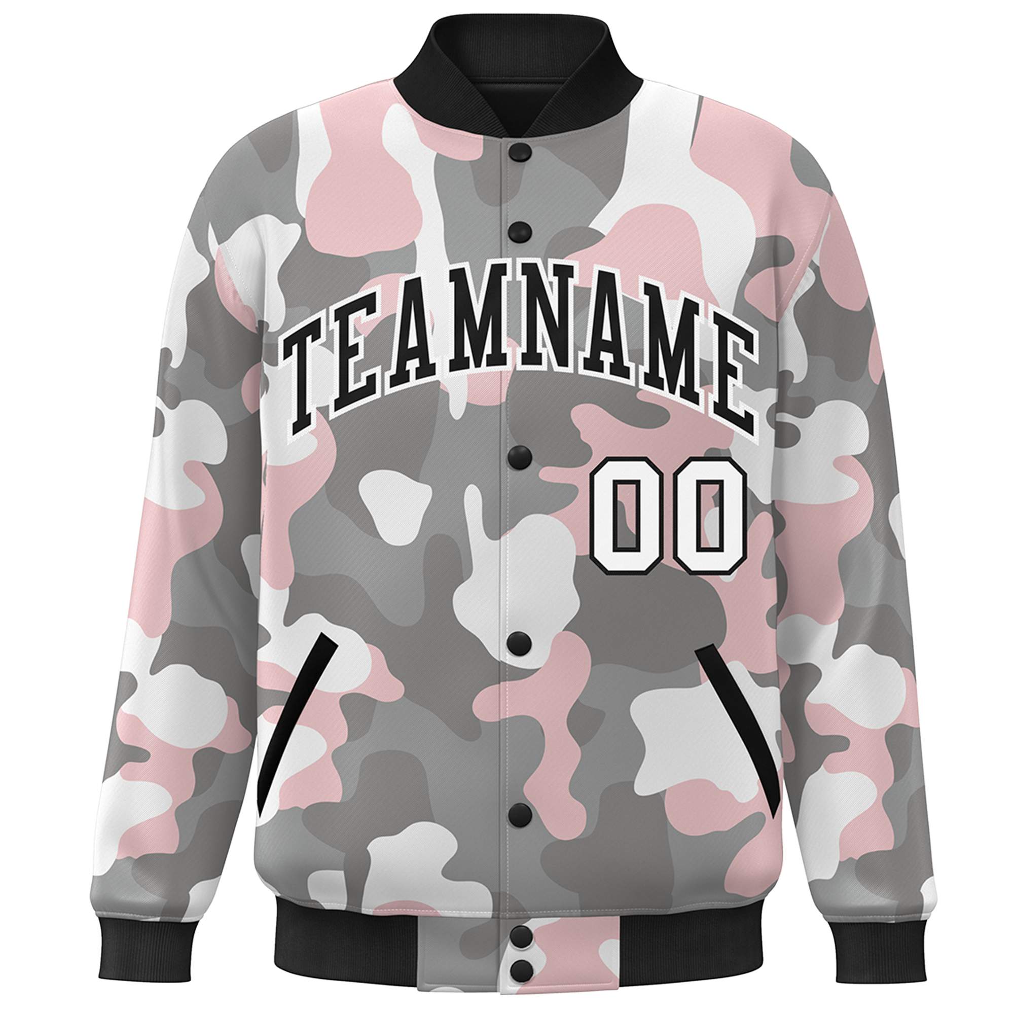 Custom Black White Camo Varsity Full-Snap Letterman Bomber Jacket