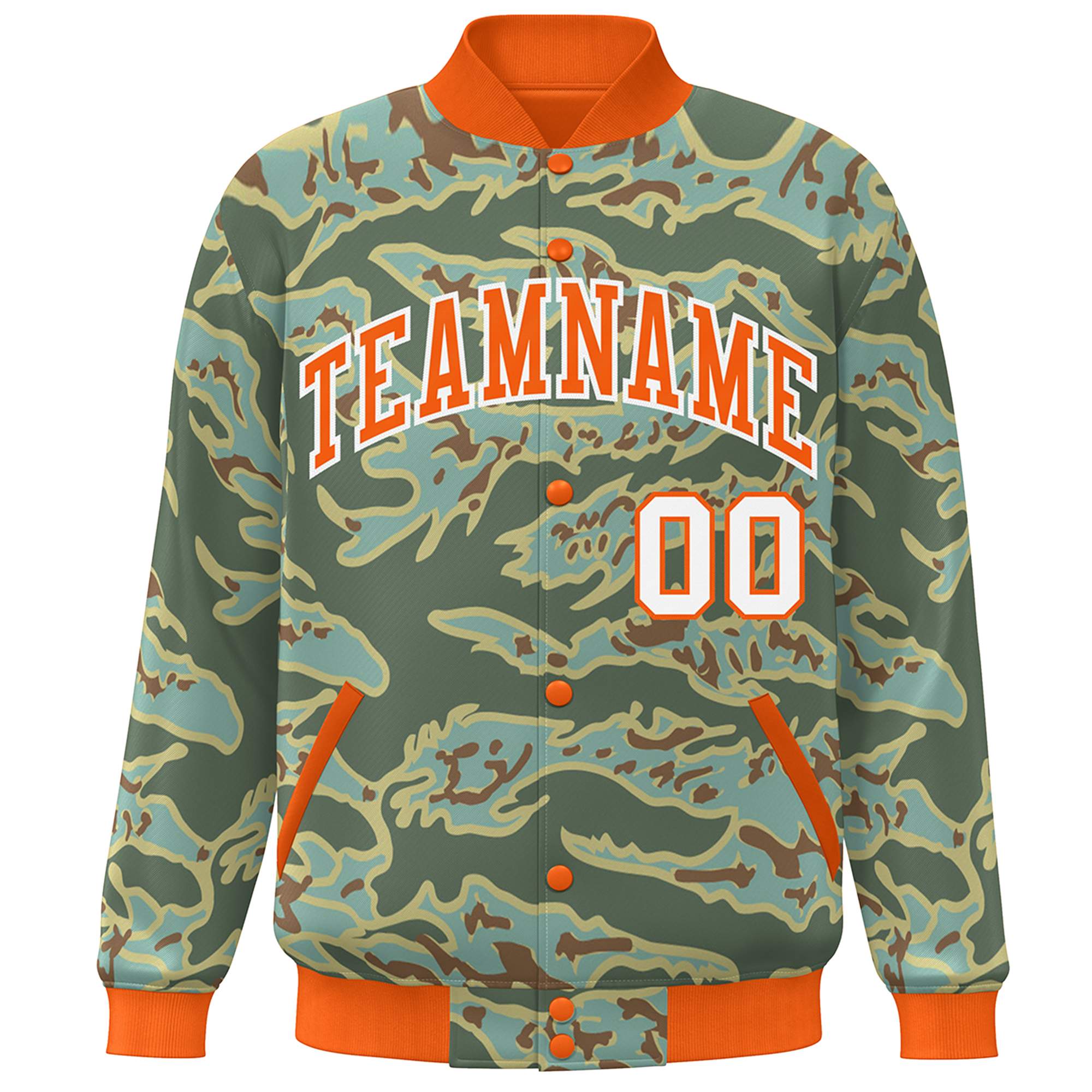 Custom Orange White Camo Varsity Full-Snap Letterman Bomber Jacket